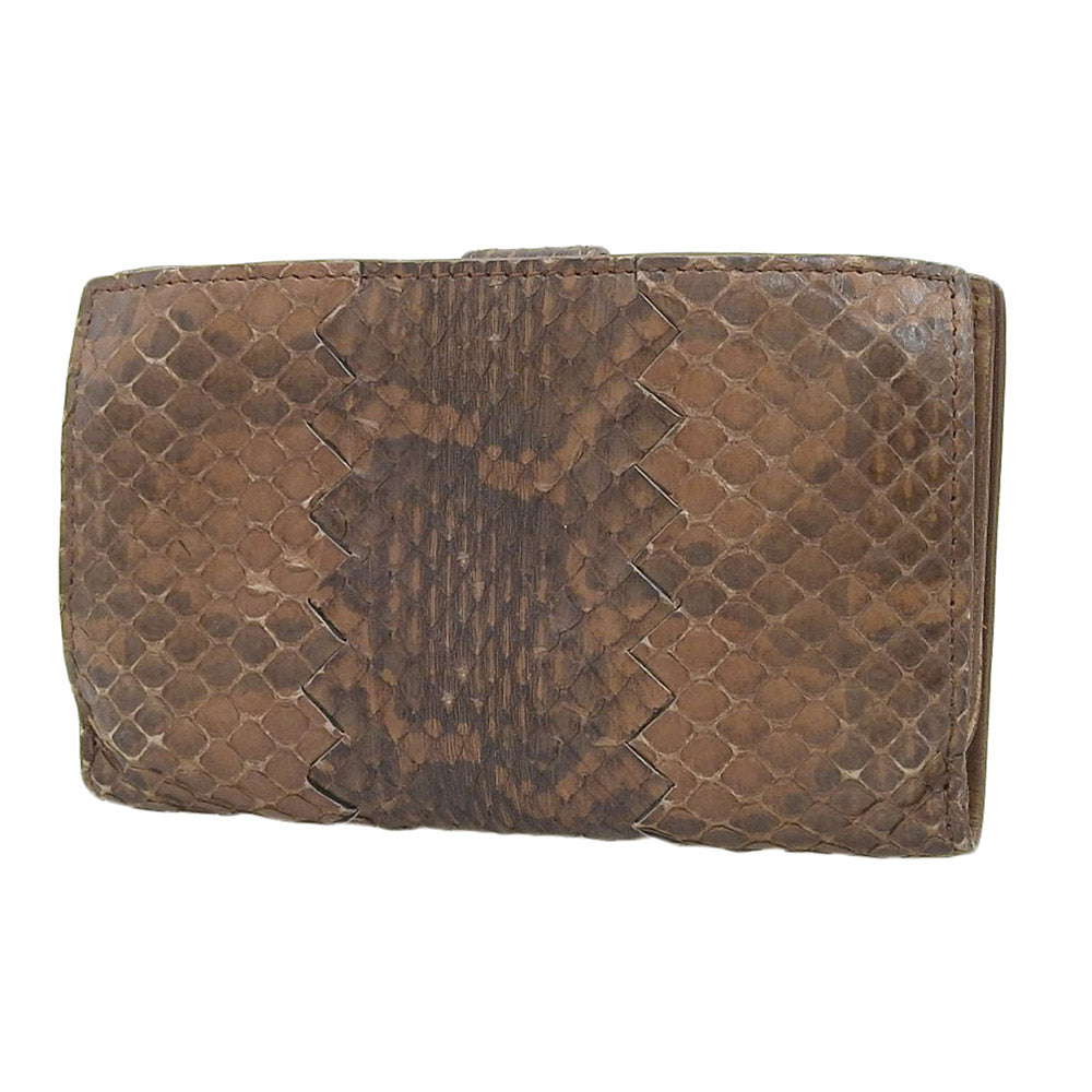 Bottega Veneta Python Leather Snap Wallet Brown
