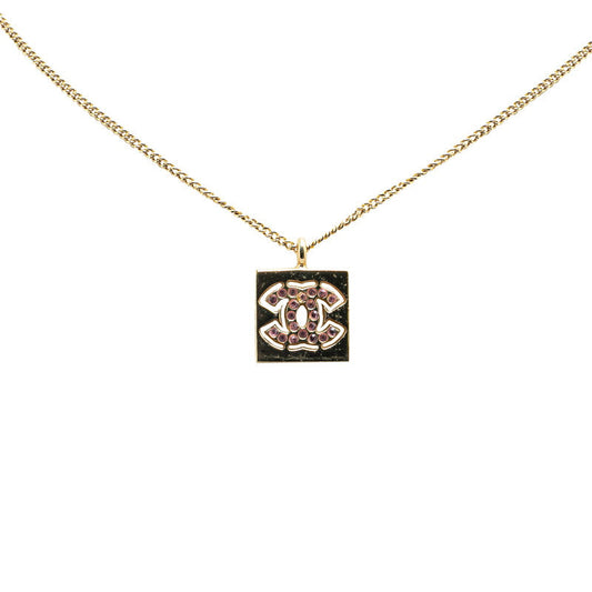Chanel Coco Mark Square Rhinestone Necklace Gold Pink