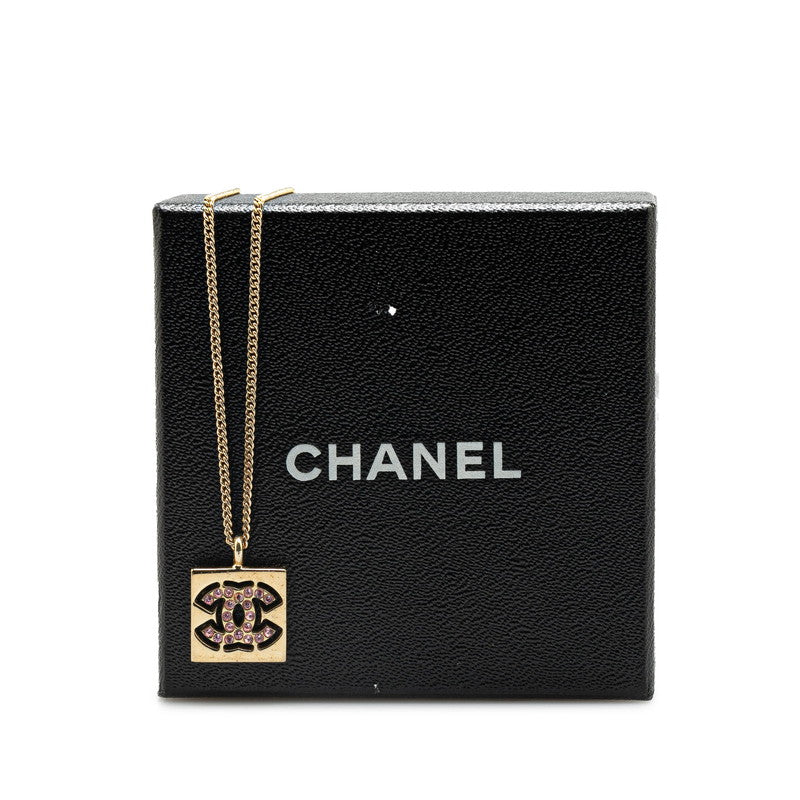 Chanel Coco Mark Square Rhinestone Necklace Gold Pink